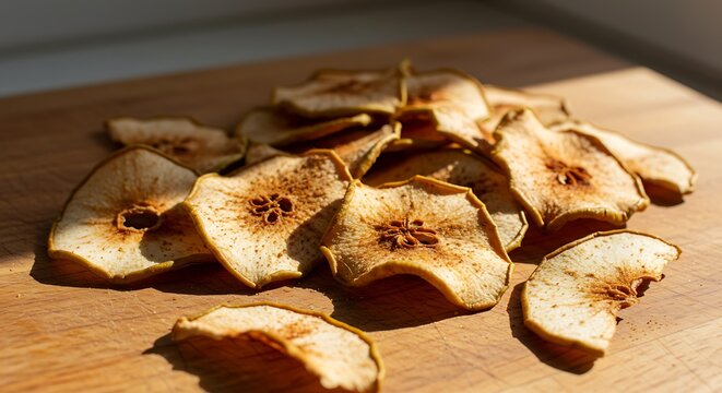 Dehydrated pear slices with cinnamon, autumn snack. Rustic presentation on wooden cutting board.