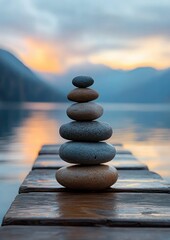 Stack of smooth stones balanced on a wooden dock with calm lake water and blurred mountains in the background during sunset