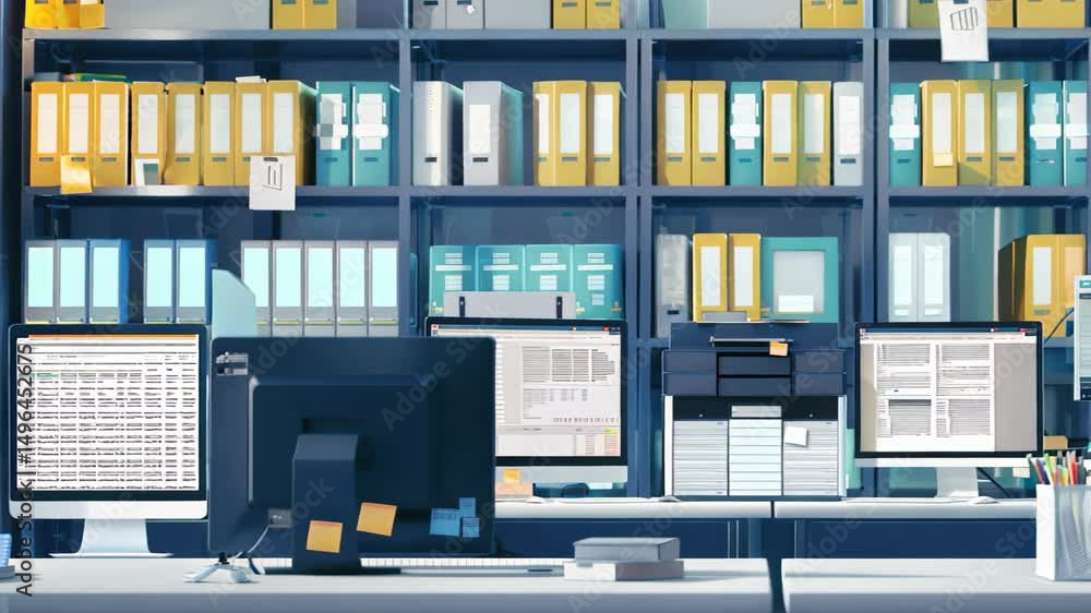 Poster organized office workspace with computers and document storage