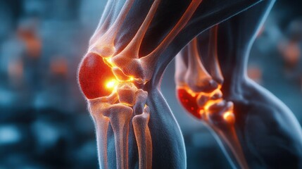 3d medical illustration showing detailed human knee joints with glowing hot spots indicating inflammation or pain areas