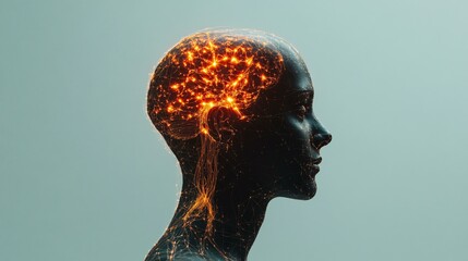 A futuristic wireframe brain vasculature network glowing inside an outline of a head, against a dark gradient that transitions to blank space for text at the bottom