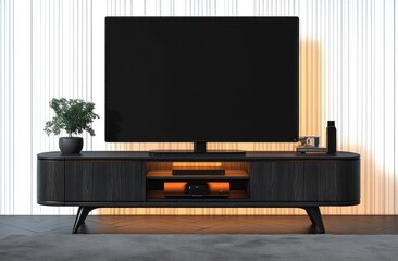 Modern black wooden TV stand with large flat screen television, decorative plant, books, and ambient orange backlighting against a striped white wall
