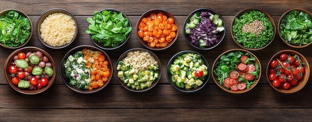Fototapeta premium Overhead view of multiple wooden bowls filled with fresh green leafy vegetables, chopped tomatoes, cucumbers, grains, and salads arranged on a wooden table showcasing a healthy colorful assortment