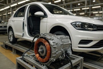 Obraz premium White Electric Car and Motor Component on Assembly Line