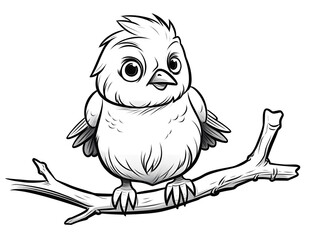 Cute bird sitting on tree branch coloring page for kids.