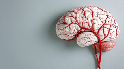 A medical journal cover style shot of a brain section showing major arteries in bright red, with the top half reserved as blank space for title and subtitle text