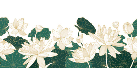 Chinese seamless border with white lotuses and green water lilies. Gold line drawing of lotus flowers and leaves for a luxury prints.