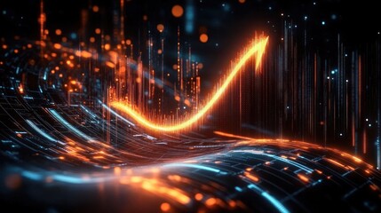 Glowing orange upward arrow integrated with digital blue and orange abstract data streams representing growth and technological advancement