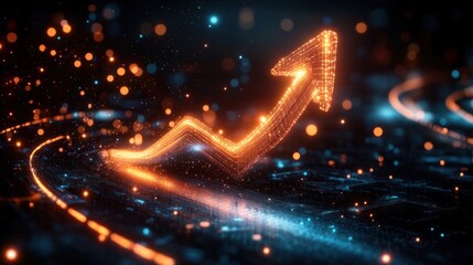 Glowing digital arrow pointing upward on a futuristic circuit board with vibrant orange and blue light particles, symbolizing growth and technological progress