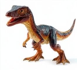 Naklejka premium Close-up of a detailed dinosaur figurine with open mouth and visible teeth standing on white background