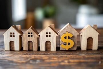 Row of five small wooden house models on a wooden surface with one house featuring a large golden dollar sign, symbolizing real estate value or mortgage costs