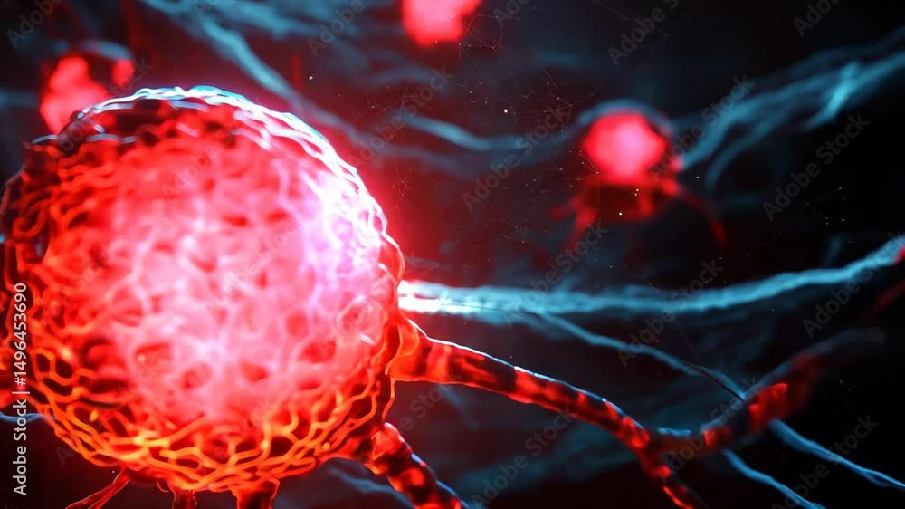 Poster glowing red microbe in dark background with organic structures