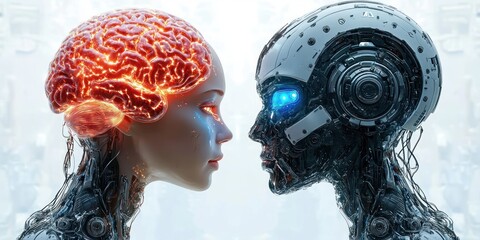 Human and robotic heads facing each other intensely, human brain glowing with neural activity, robot head illuminated with bright blue eye, detailed mechanical parts
