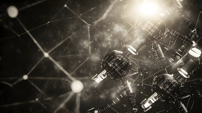 Abstract illustration of interconnected, metallic forms in grayscale.