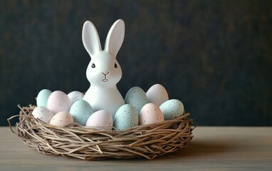 White ceramic rabbit figurine surrounded by pastel-colored speckled eggs arranged in a rustic twig nest on a wooden surface with a dark blurred background, evoking a calm festive mood
