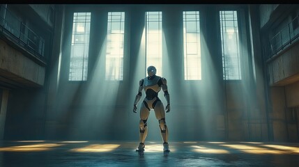 Futuristic robot standing alone in a large, dimly lit industrial hall with beams of sunlight streaming through tall windows
