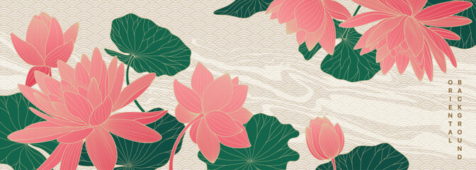 Vector asian poster with pink lotuses, water lilies, waves on pattern background. Luxury banner with line art flowers.