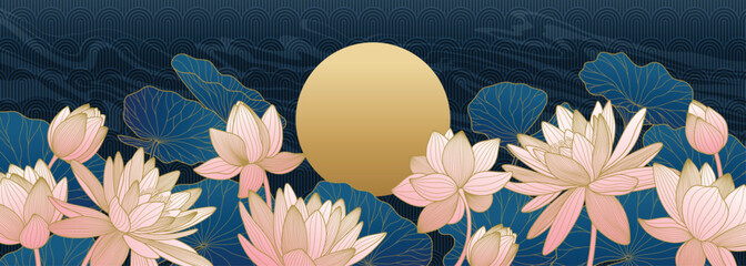Asian vector background with pink flowers, blue water lilies, pattern, waves and moon. Luxury poster.