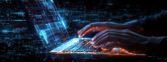 Close-up of hands typing on a glowing digital laptop keyboard with blue and orange futuristic holographic interface elements floating around