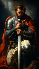Naklejka premium Valor in Repose: A stoic knight, clad in polished armor and a crimson cloak, kneels in solemn contemplation, his hand resting on the hilt of a formidable sword, a testament to duty, valor.