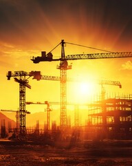 Dramatic Sunset Over Construction Site with Cranes