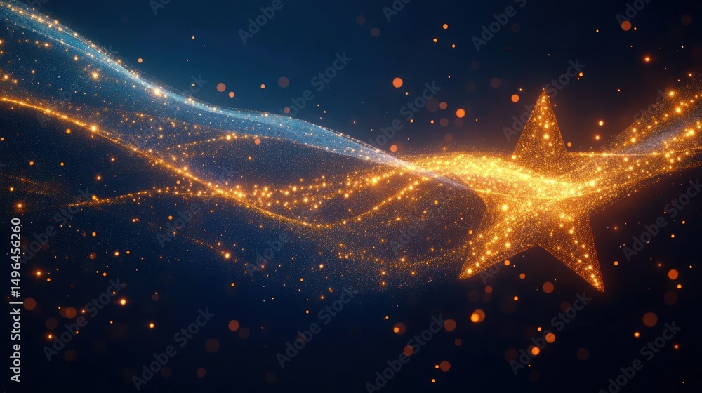 Poster glowing golden star emitting sparkling particle streams against a dark blue background creating a ma
