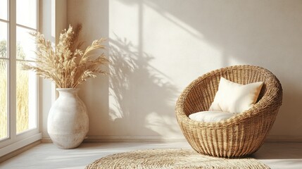 Fototapeta premium Serene interior with natural light, wicker chair and pampas grass by the window