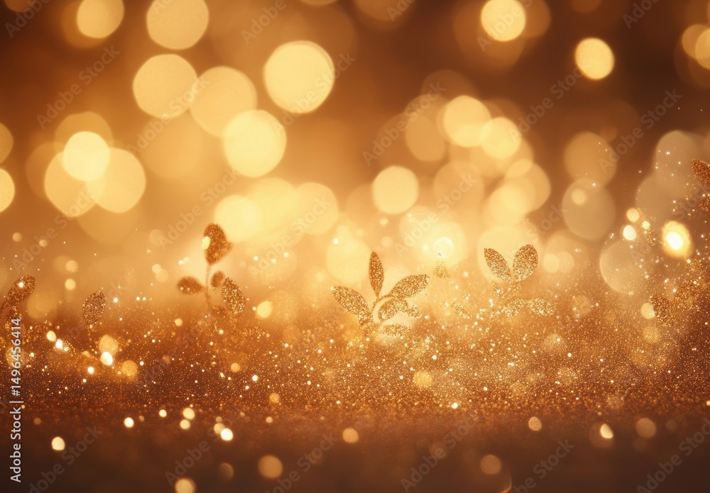 Poster golden sparkling background with delicate glowing leaves and glitter shining in warm soft light crea