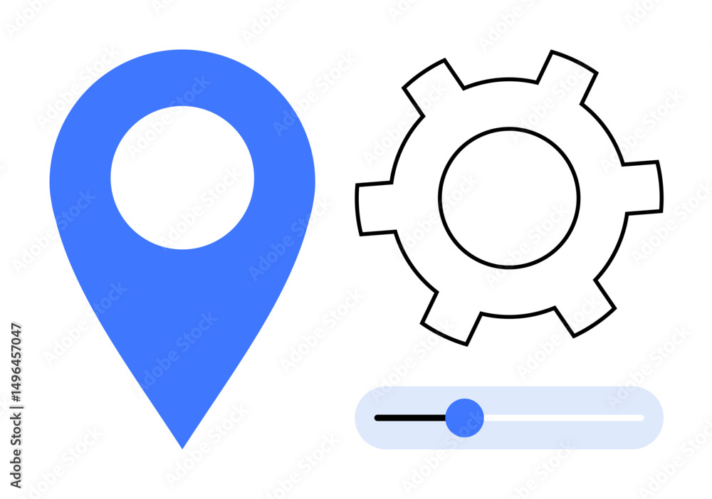 Poster blue location pin, gear symbol, and horizontal slider represent navigation, system settings, and cus