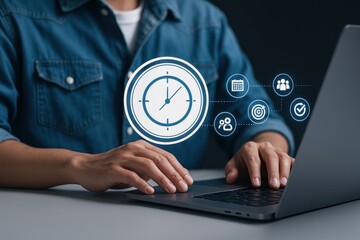 Time Management Clock Interface with Laptop - Productivity, Efficiency and Business Deadline Concept