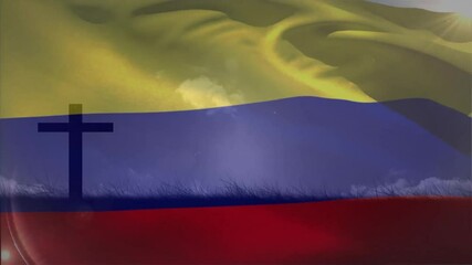 Wind blowing causing Colombian flag rippling while sun rays lighting cross silhouette for pride - Powered by Adobe