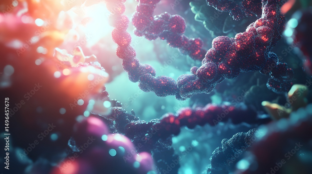 Poster complex, interconnected structures in a vibrant cellular environment.
