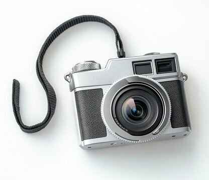 silver and black vintage style camera with attached black strap placed on white surface