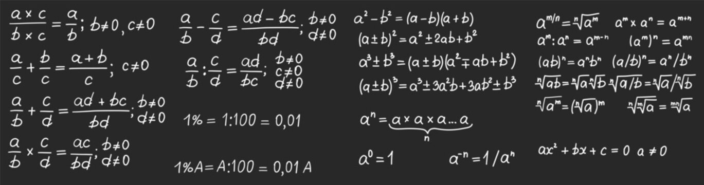 Mathematics formulas set. Hand drawn math algebraic formulas and calculations on chalkboard. School gray board with chalk freehand sketch symbols. Education concept. Isolated vector illustration