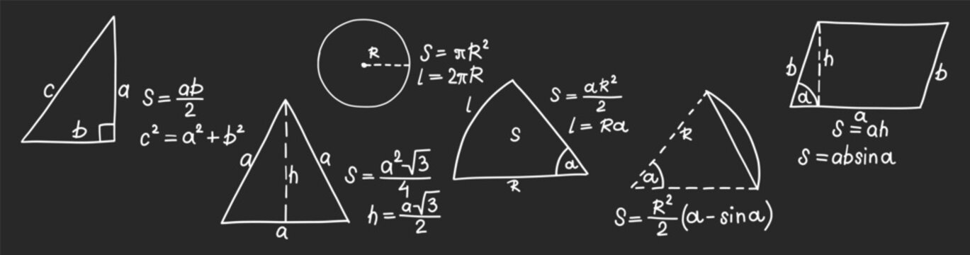 Mathematics formulas set. Hand drawn math geometric formulas and calculations on chalkboard. School gray board with chalk freehand sketch symbols. Education concept. Isolated vector illustration