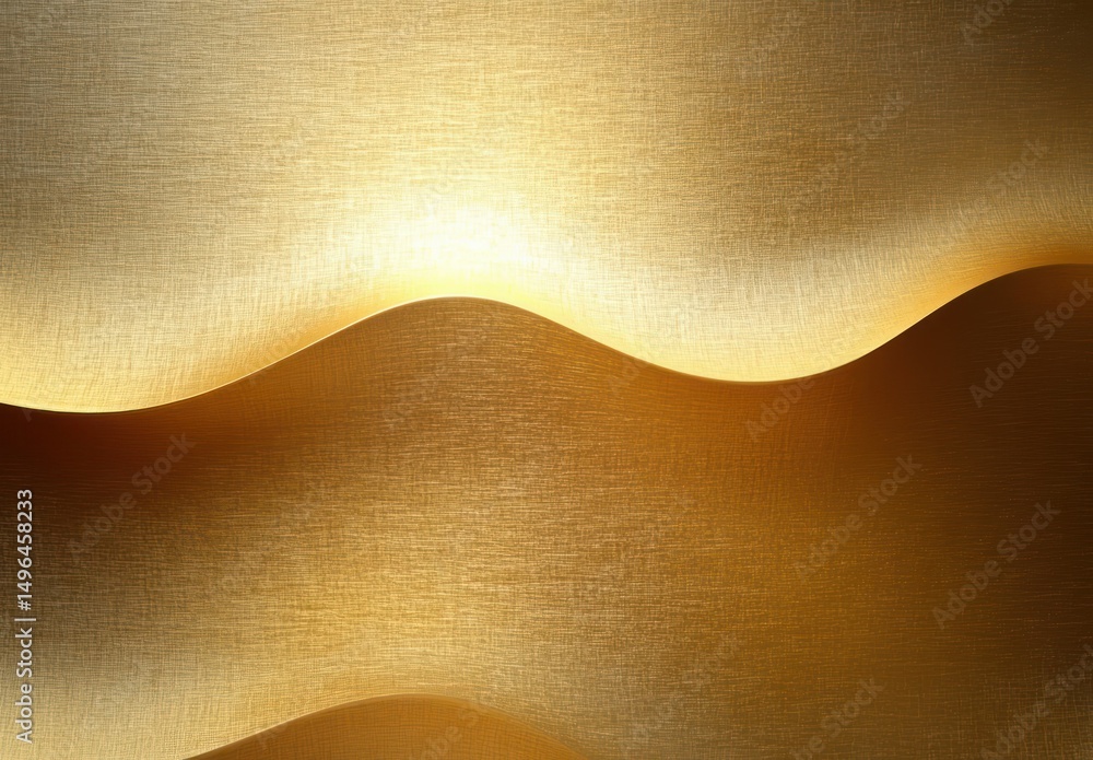 Poster abstract golden textured surface with smooth wave-like curves and glowing light highlights creating 