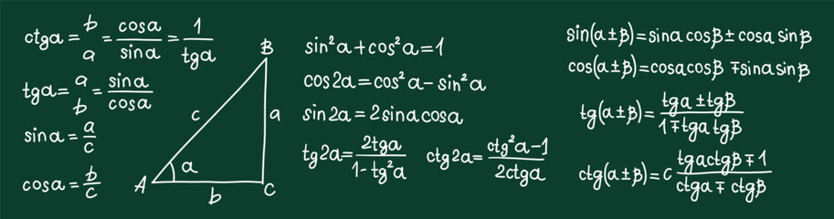 Mathematics formulas set. Hand drawn math trigonometry formulas and calculations on chalkboard. School green board with chalk freehand sketch symbols. Education concept. Isolated vector illustration