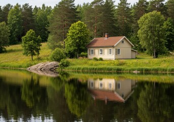Obraz premium Rustic Lakeside Retreat: A charming wooden house sits nestled on the tranquil banks of a serene lake. Surrounded by lush green trees and nature's embrace.
