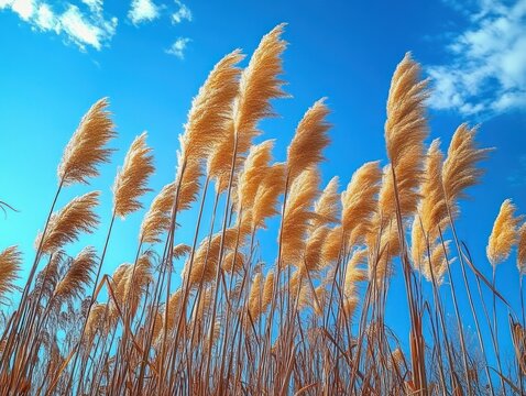 Tall dry golden grass plants swaying gently under a bright blue sky with scattered white clouds on a sunny day