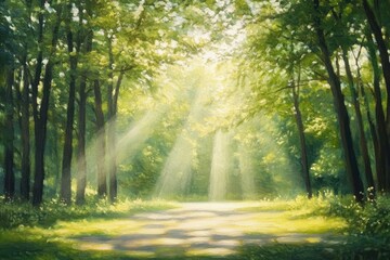 Sunlight streaming through tall green trees onto a forest path creating a peaceful and serene atmosphere