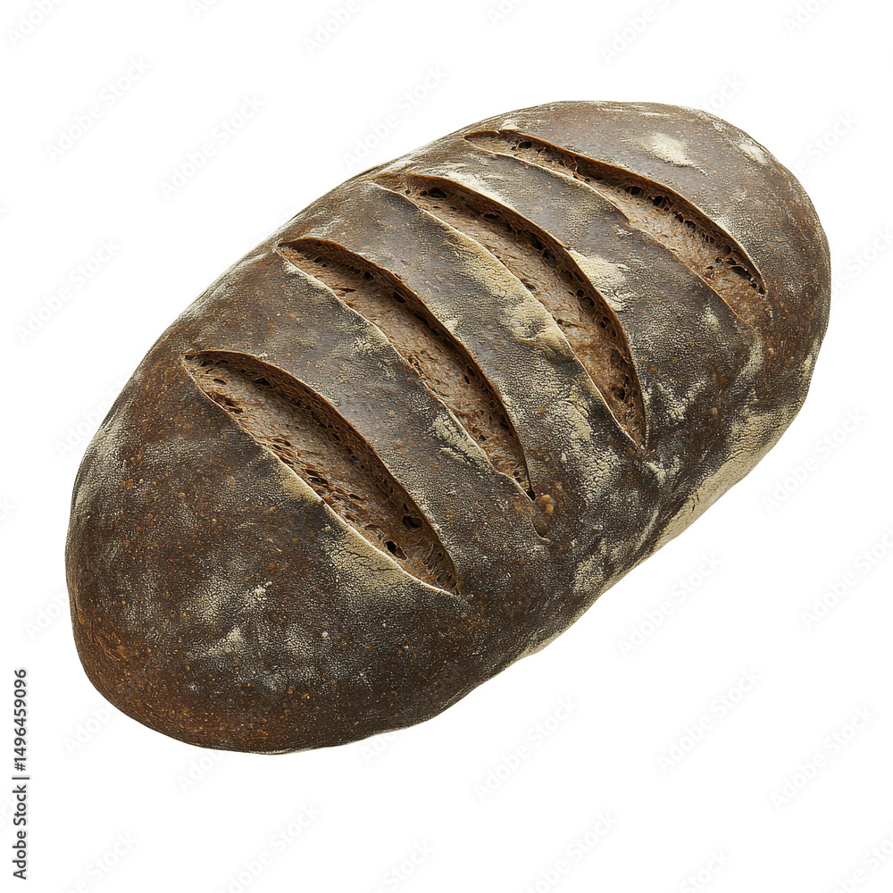 Poster dark ovalshaped bread with slits on crust displayed against a transparent background, dark ovalshape