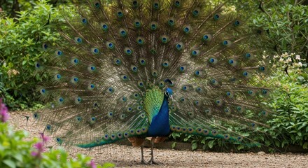 Obraz premium Majestic Peacock in Full Display: Witness the breathtaking splendor of a peacock, its vibrant feathers fanned out in a mesmerizing spectacle of colors.