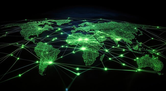 Fototapeta A stylized, glowing green world map depicts a network of interconnected nodes and lines, illustrating global connectivity and data flow against a dark background