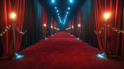 A Glamorous Red Carpet Event Entrance with Flashing Lights and Velvet Drapes