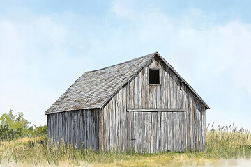 Obraz premium Isolated weathered barn amidst golden fields beneath expansive summer sky
