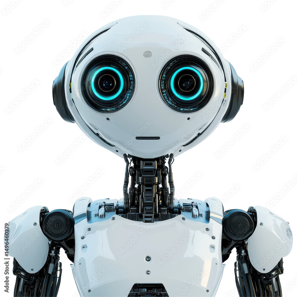 Poster closeup view of a friendly robot with glowing eyes against a transparent background, close up a robo