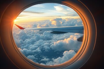View of a colorful sunset sky and fluffy clouds through an airplane window with wing visible, evoking a sense of travel and wonder