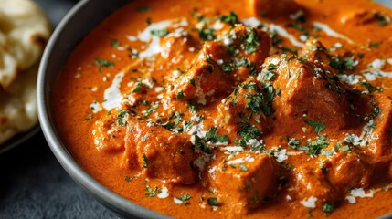Delicious creamy chicken curry with tender meat pieces in spicy tomato sauce garnished with fresh herbs in a dark bowl
