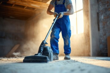 A construction worker wearing blue overalls and gloves cleaning a dusty floor inside a sunlit unfinished building with a vacuum cleaner