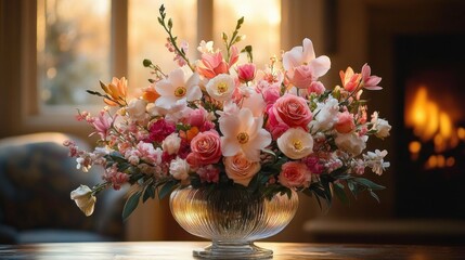 Elegant bouquet of mixed fresh flowers in a glass vase on a wooden table with warm natural light and cozy indoor fireplace background